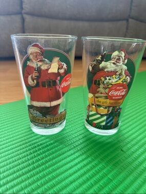 Coca-Cola Santa Holiday Pint Glasses in Red, Green and Gold